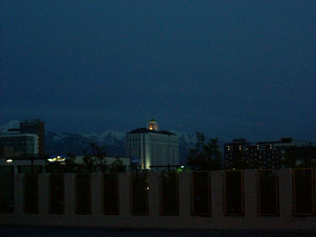 View of the Grand America hotel from the Shilo Inn parking lot.