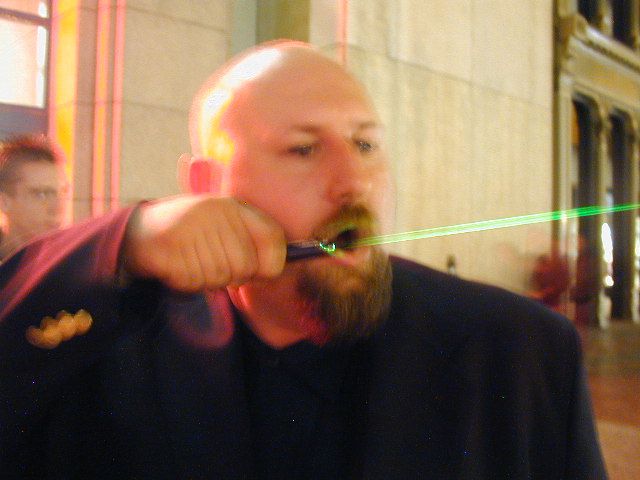 Rudeboy breathing on his laser.