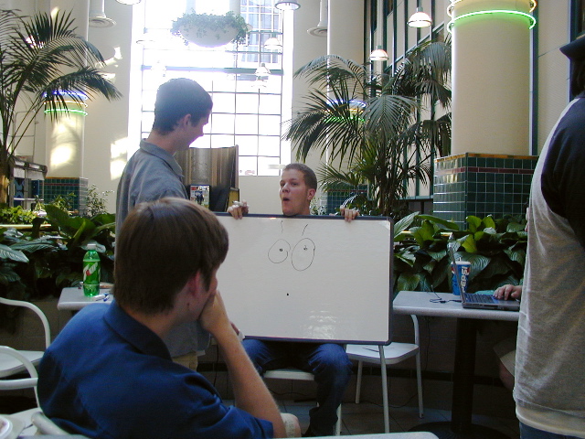 Oldskools brought a white-board to help illustrate the talk that he would soon give at DefCon 11.